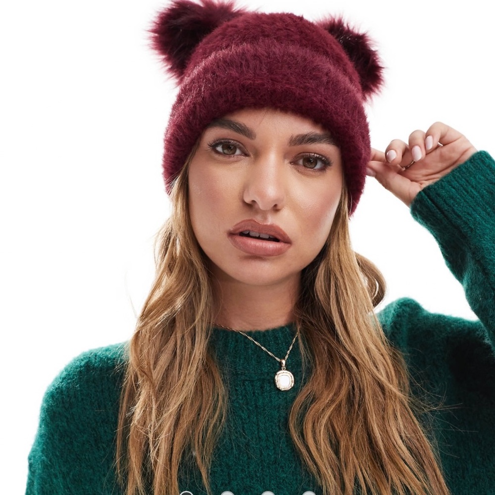Stylish Burgundy Knit Beanie with Pom Poms
